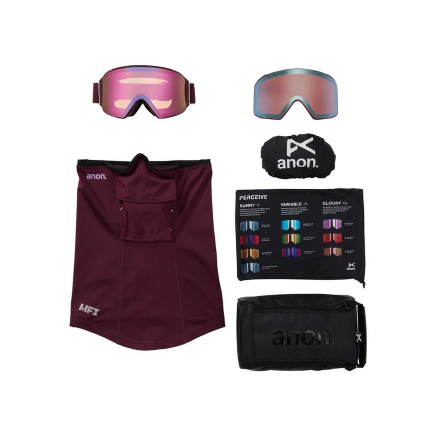 Anon Anon Unisex M4 Goggles (Cylindrical) + Bonus Lens + MFI® Face Mask - Deep Cherry/Perceive Cloudy Pink Deep Cherry/Perceive Cloudy Pink OS Mens Goggles Complete