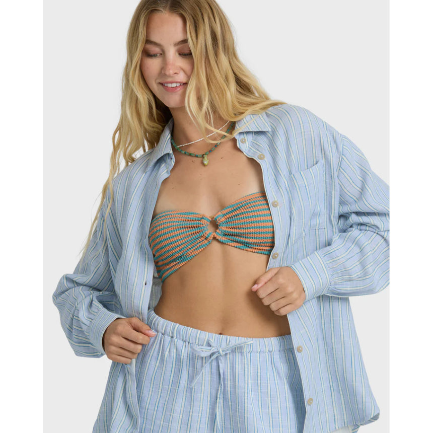 Billabong Billabong Women's Wanderer Printed Long Sleeve Woven Top Twilight Blue XS Womens Long Sleeve Shirts