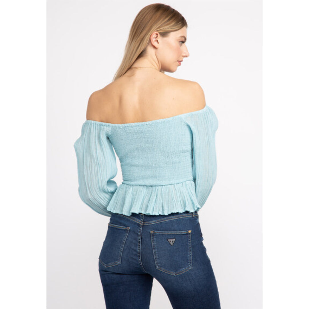 Guess Guess Women's Off Shoulder Cassi Top Blue S Womens Long Sleeve Shirts