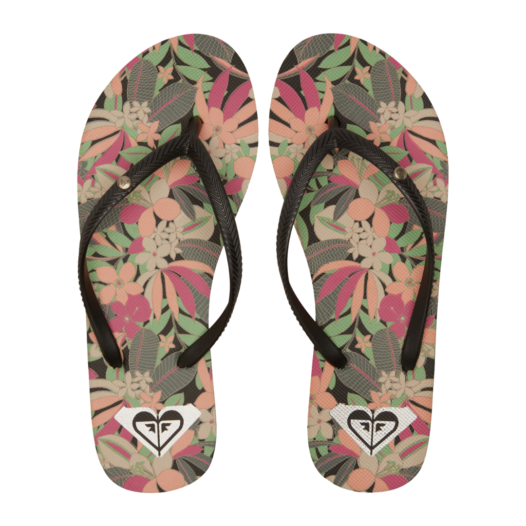 Roxy Bermuda Print Flip Flops - Black/Pink/Soft Lime