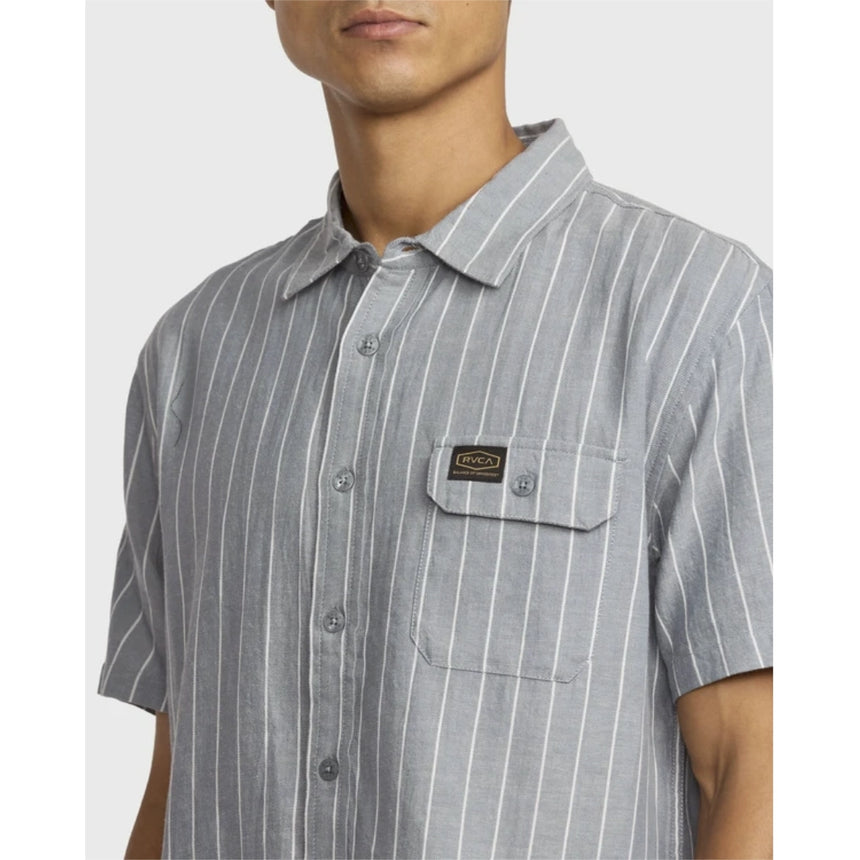 RVCA RVCA Men's Dayshift Stripe II Short Sleeve Shirt - Chambray Chambray S Mens Button Up Short Sleeve Shirts