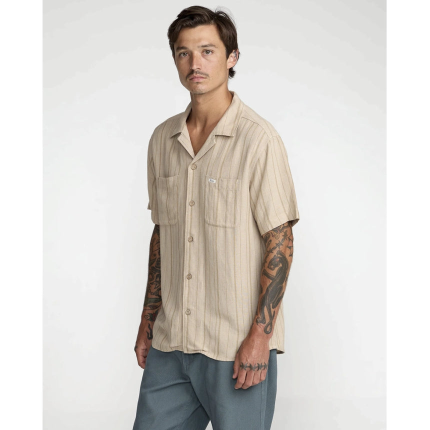 RVCA RVCA Men's Exotica Stripe Short Sleeve Shirt - Light Khaki Light Khaki S Mens Button Up Short Sleeve Shirts