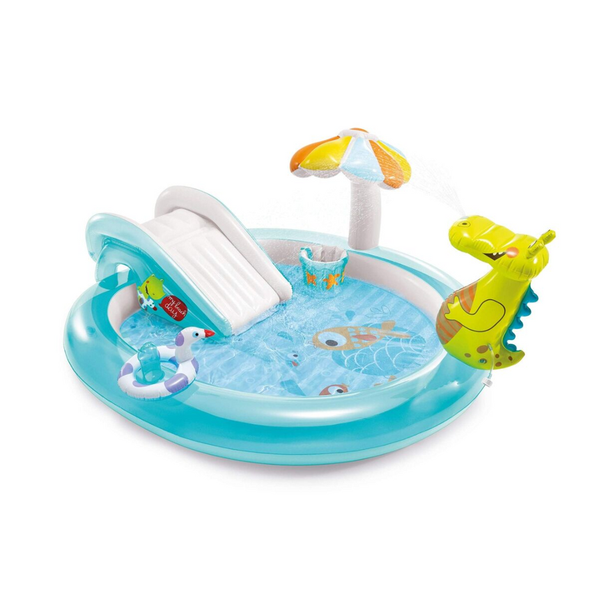Intex Gator Outdoor Inflatable Kiddie Pool Water Play Center with Slide