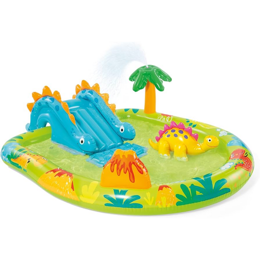 Centro de juegos inflable para piscina y patio trasero con temática de dinosaurio Intex Little Dino, con rociador de palmeras, minitobogán y dinosaurio inflable.