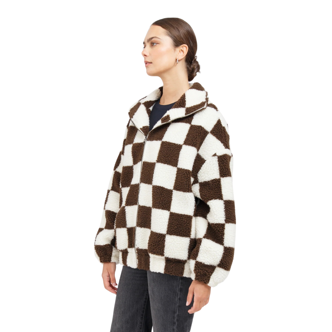 Veste Sherpa à carreaux brune