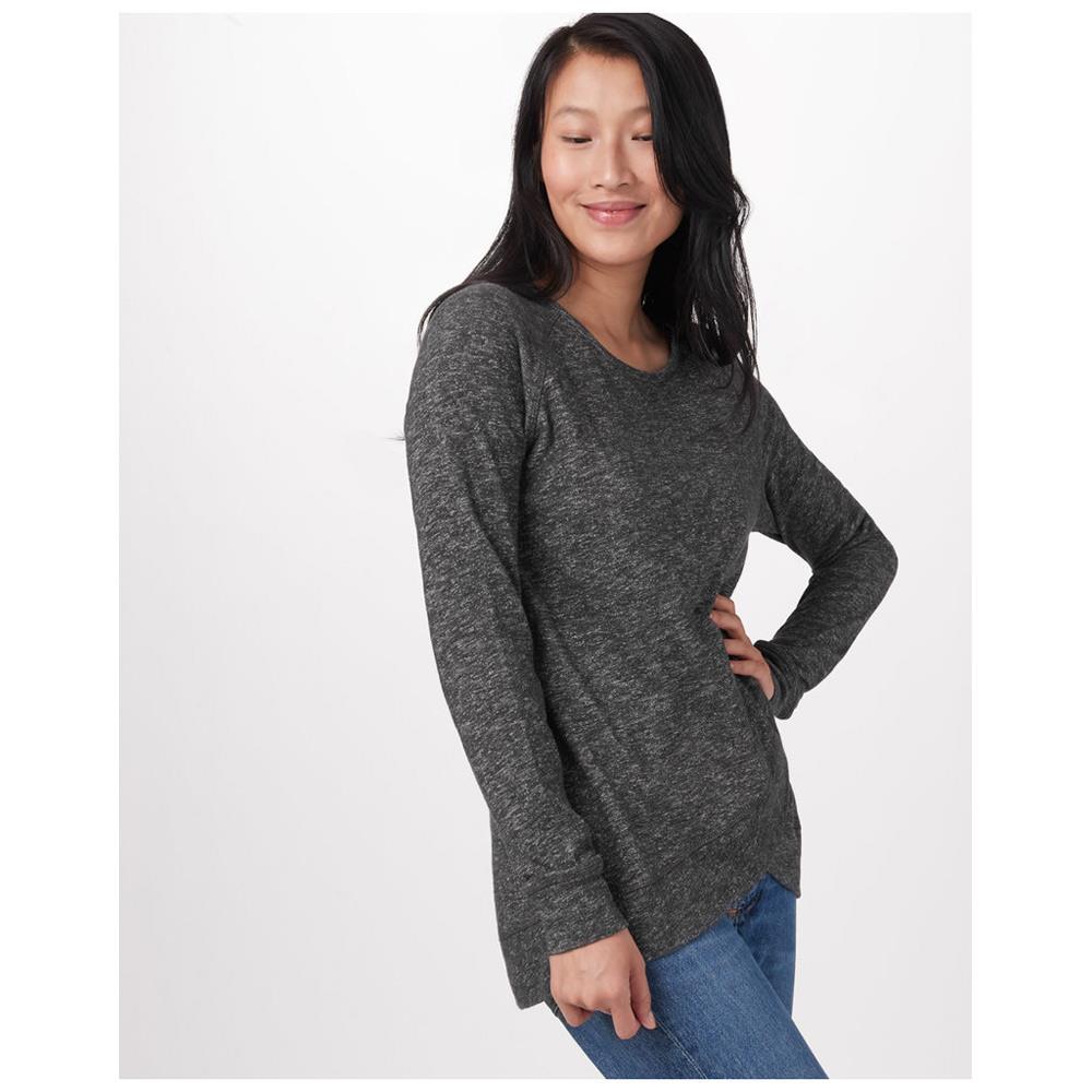 Woman wearing Ten Tree Arce long sleeve shirt, demonstrating fit and fabric, angled view. Comfortable and stylish.