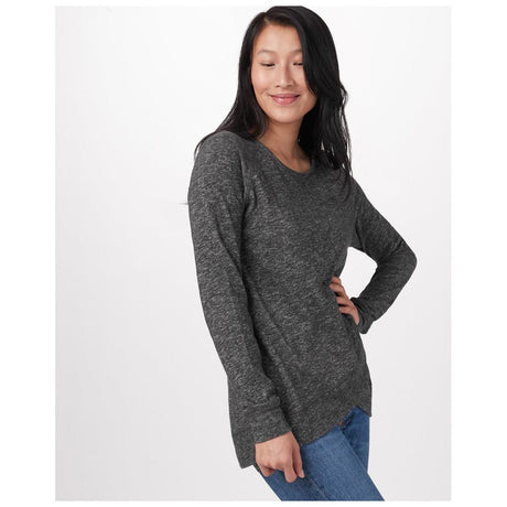 Woman wearing Ten Tree Arce long sleeve shirt, demonstrating fit and fabric, angled view. Comfortable and stylish.