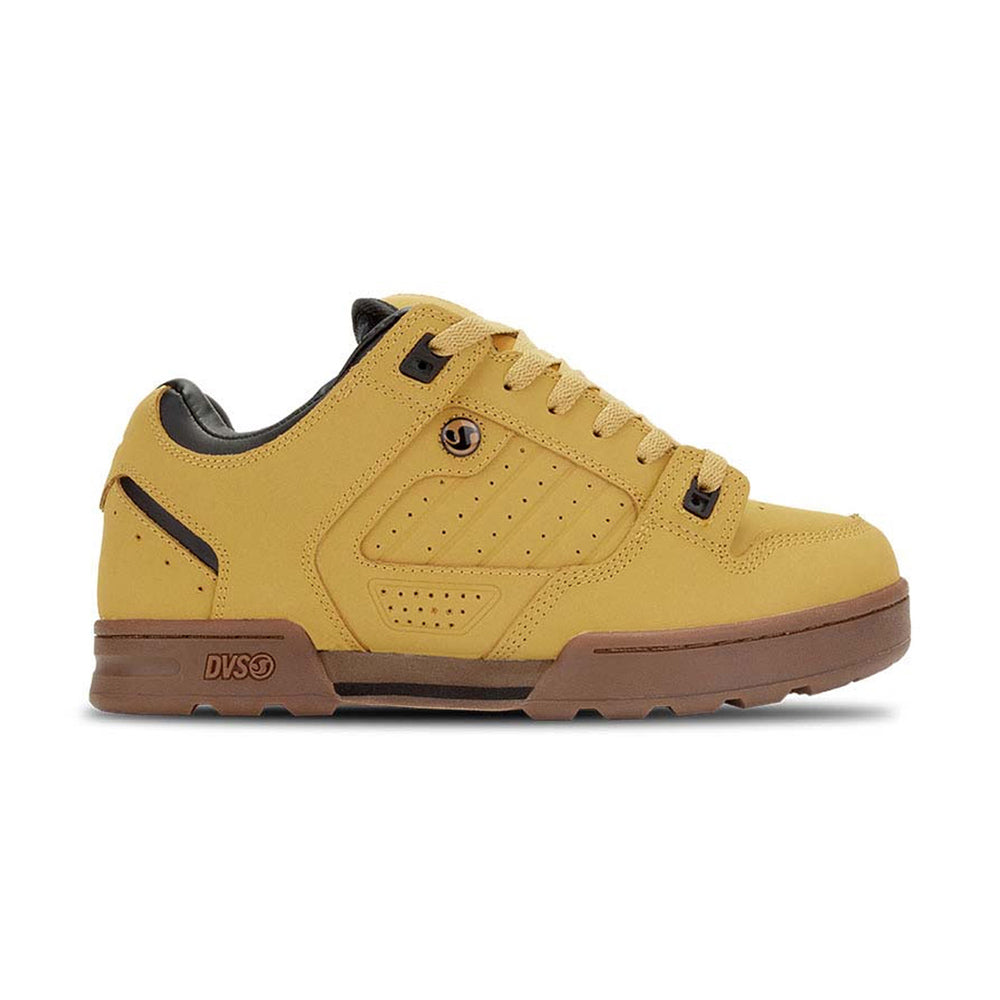 DVS Militia skate shoe in wheat-brown, showcasing the shoe's profile and sturdy construction for snow/skate activities.