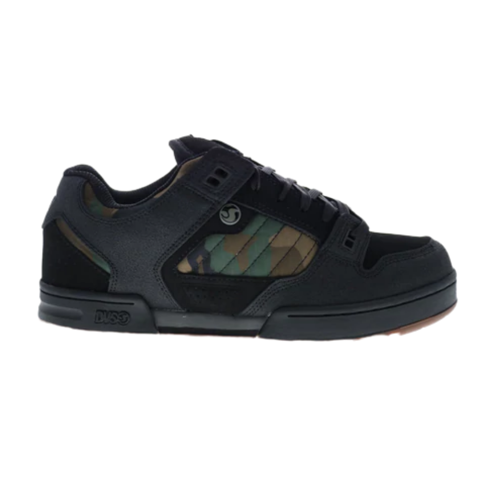 DVS Militia Skate Shoe: Stylish side view showcasing black suede and camo accent. Durable footwear for snow and skate.