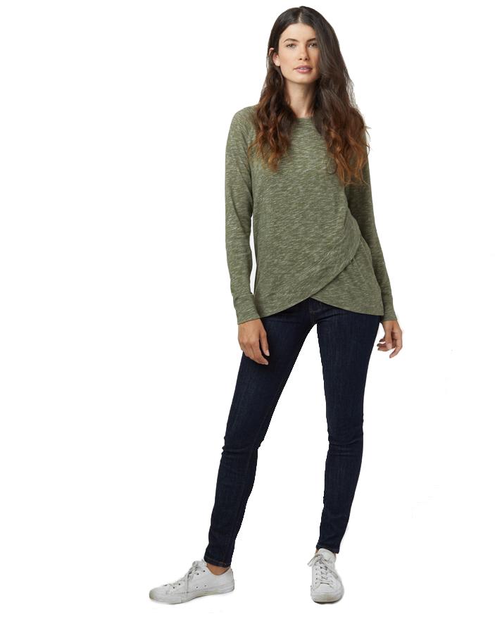 Ten Tree long sleeve shirt product display, showing a woman wearing the stylish eco-conscious top.