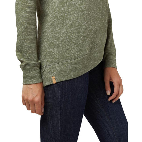 Women's long sleeve shirt in green marl, showcasing the relaxed fit and asymmetrical hem detail, part of the Tentree brand.