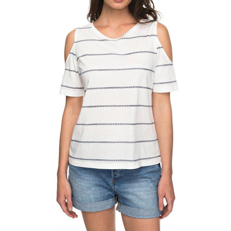 roxy Uptown Sun Cold Shoulder Tee front view womens short sleeve shirts white stripe erjkt03358-xwkw