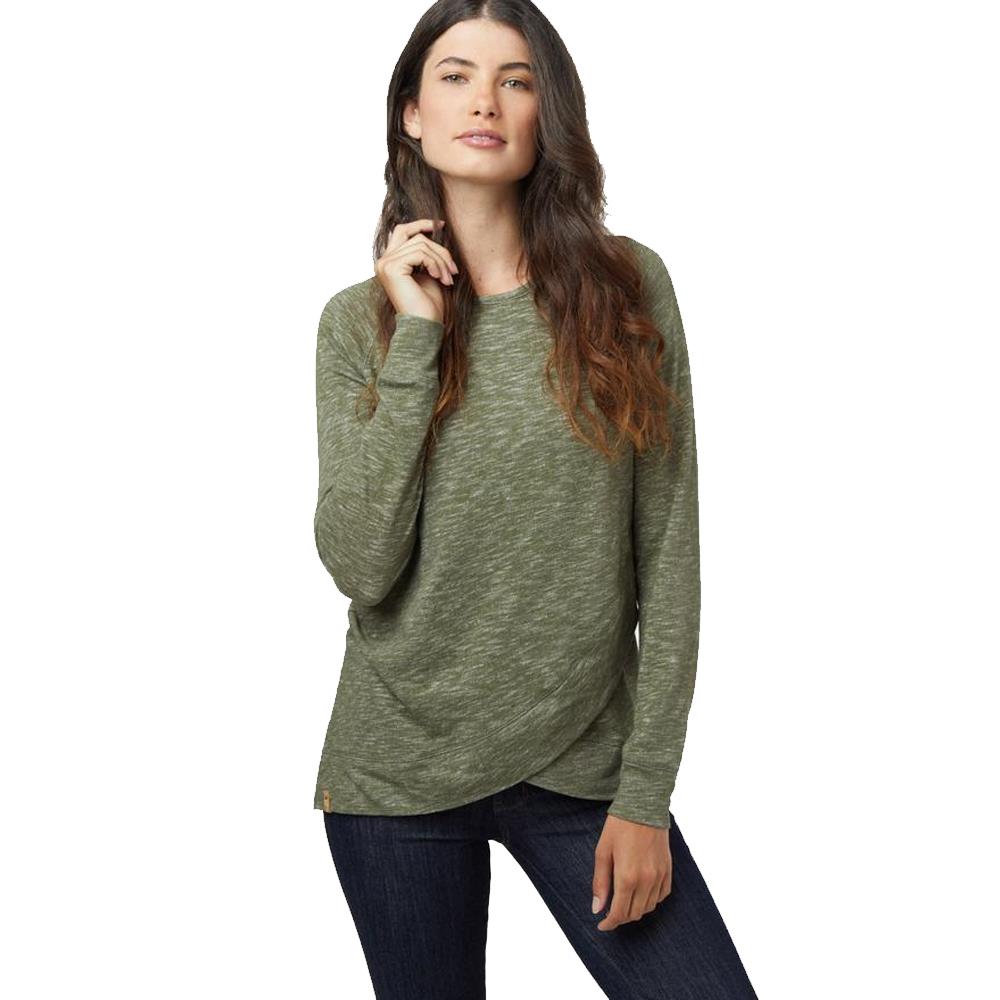 Woman wearing a Ten Tree Arce long sleeve shirt. Comfortable, casual style, suitable for everyday wear.