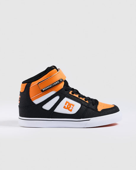 DC DC Youth Pure Hi Top Ev Skate Shoes - Orange/Black/White Orange/Black/White 12 Youth Boys Skate Shoes 5T to 13T and 1 to 7 US Size