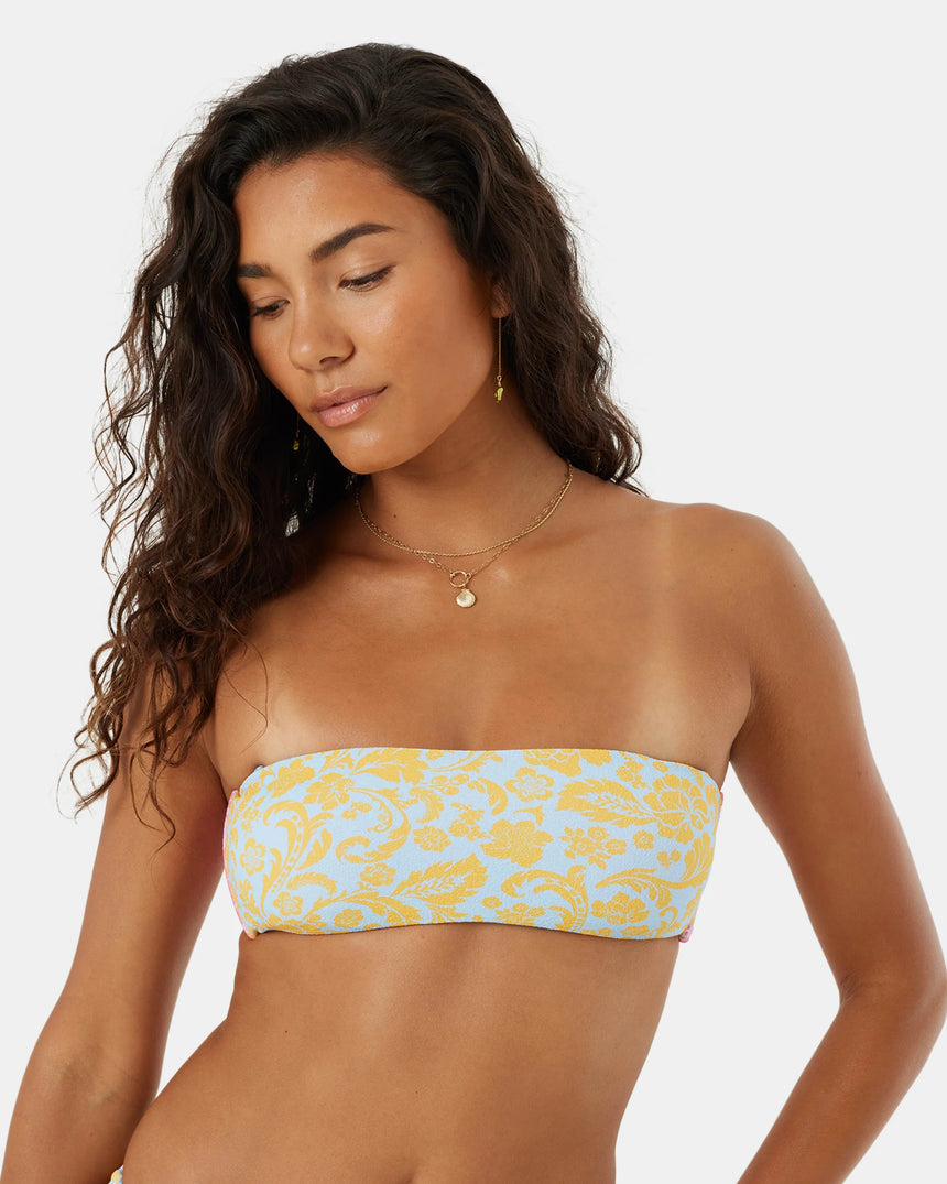 Roxy Roxy Women's Tapestry Patchwork Bandeau Lace Up Top Multi S Womens Bikini Tops