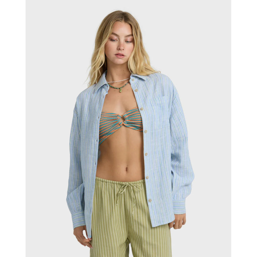 Billabong Billabong Women's Wanderer Printed Long Sleeve Woven Top Twilight Blue XS Womens Long Sleeve Shirts