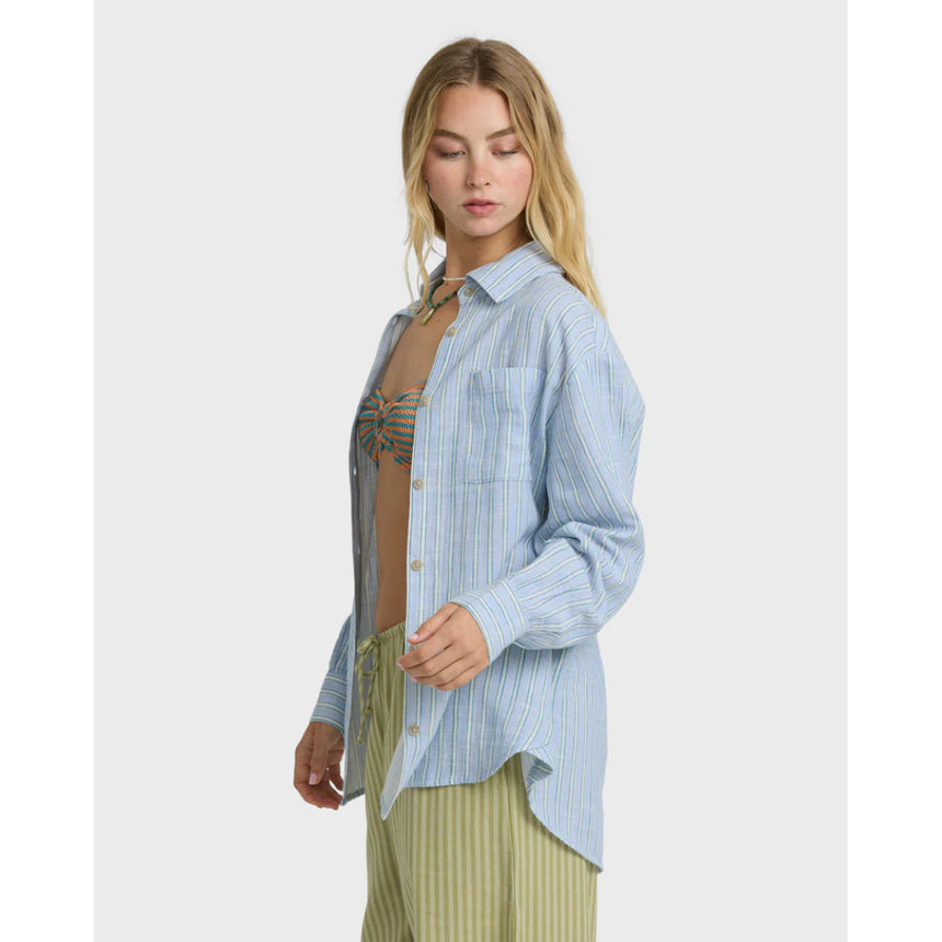 Billabong Billabong Women's Wanderer Printed Long Sleeve Woven Top Twilight Blue XS Womens Long Sleeve Shirts