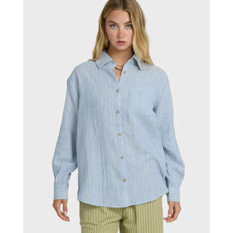 Billabong Billabong Women's Wanderer Printed Long Sleeve Woven Top Twilight Blue XS Womens Long Sleeve Shirts