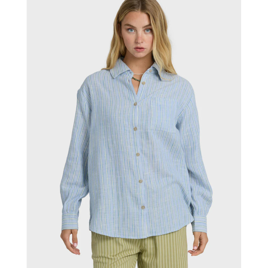 Billabong Billabong Women's Wanderer Printed Long Sleeve Woven Top Twilight Blue XS Womens Long Sleeve Shirts