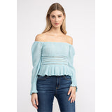 Guess Guess Women's Off Shoulder Cassi Top Blue S Womens Long Sleeve Shirts