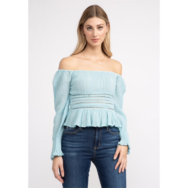 Guess Guess Women's Off Shoulder Cassi Top Blue S Womens Long Sleeve Shirts