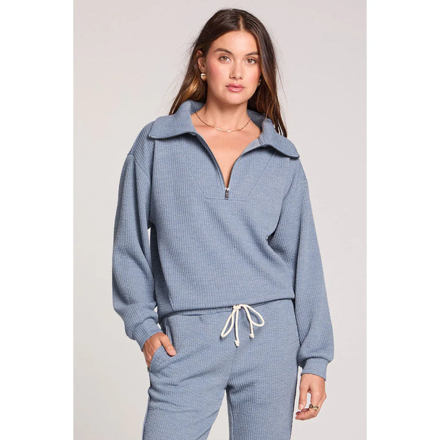Saltwater Luxe Saltwater Luxe Women's Half Zip Seam Pullover - Worn Blue Worn Blue XS Womens Pull Over Hoodies
