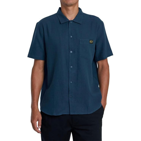 RVCA RVCA Men's Day Shift Solid Short Sleeve Petrol Blue S Mens Button Up Short Sleeve Shirts
