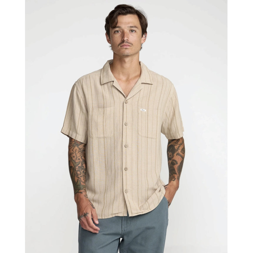 RVCA RVCA Men's Exotica Stripe Short Sleeve Shirt - Light Khaki Light Khaki S Mens Button Up Short Sleeve Shirts
