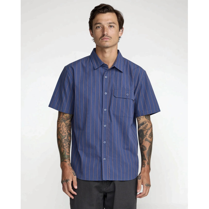 RVCA RVCA Men's TJP Dayshift Stripe Short Sleeve Shirt - Moody Blue Moody Blue M Mens Button Up Short Sleeve Shirts