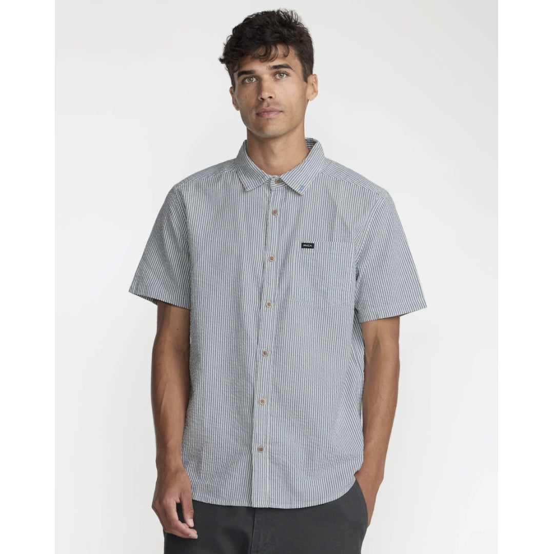 RVCA RVCA Men's That'll Do Seersucker Short Sleeve Shirt - Vintage Navy Vintage Navy S Mens Button Up Short Sleeve Shirts
