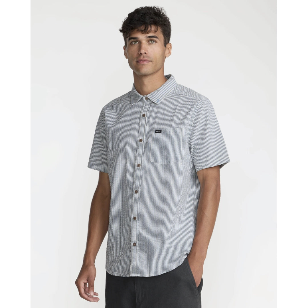 RVCA RVCA Men's That'll Do Seersucker Short Sleeve Shirt - Vintage Navy Vintage Navy S Mens Button Up Short Sleeve Shirts