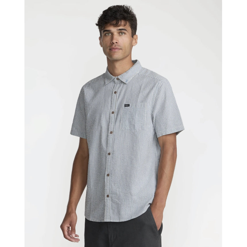 RVCA RVCA Men's That'll Do Seersucker Short Sleeve Shirt - Vintage Navy Vintage Navy S Mens Button Up Short Sleeve Shirts