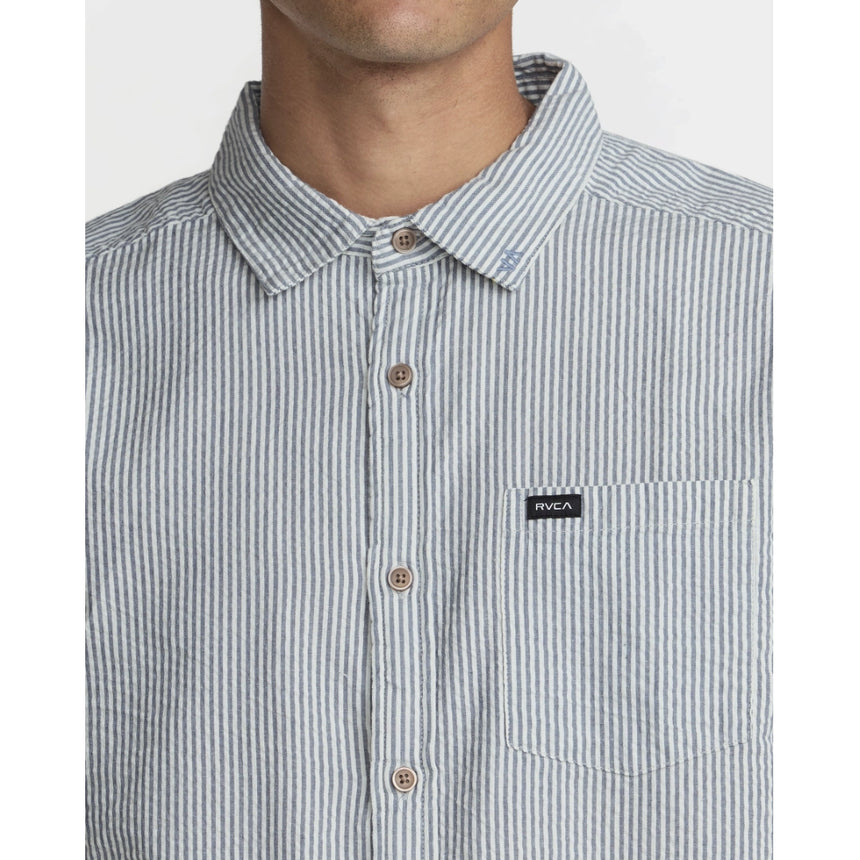 RVCA RVCA Men's That'll Do Seersucker Short Sleeve Shirt - Vintage Navy Vintage Navy S Mens Button Up Short Sleeve Shirts