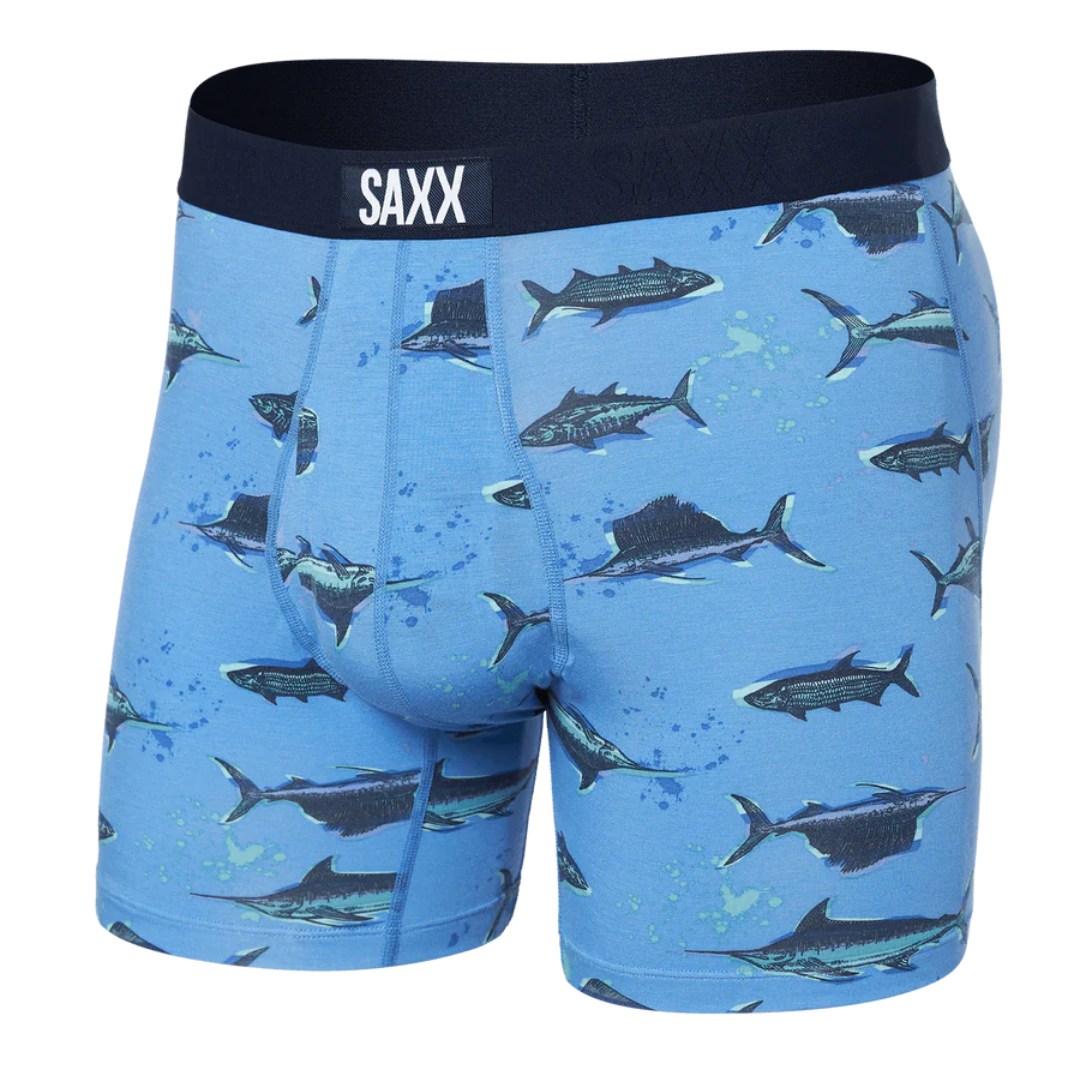 Saxx Men's Ultra Soft Boxer Brief Fly - Fish On-Sail Blue