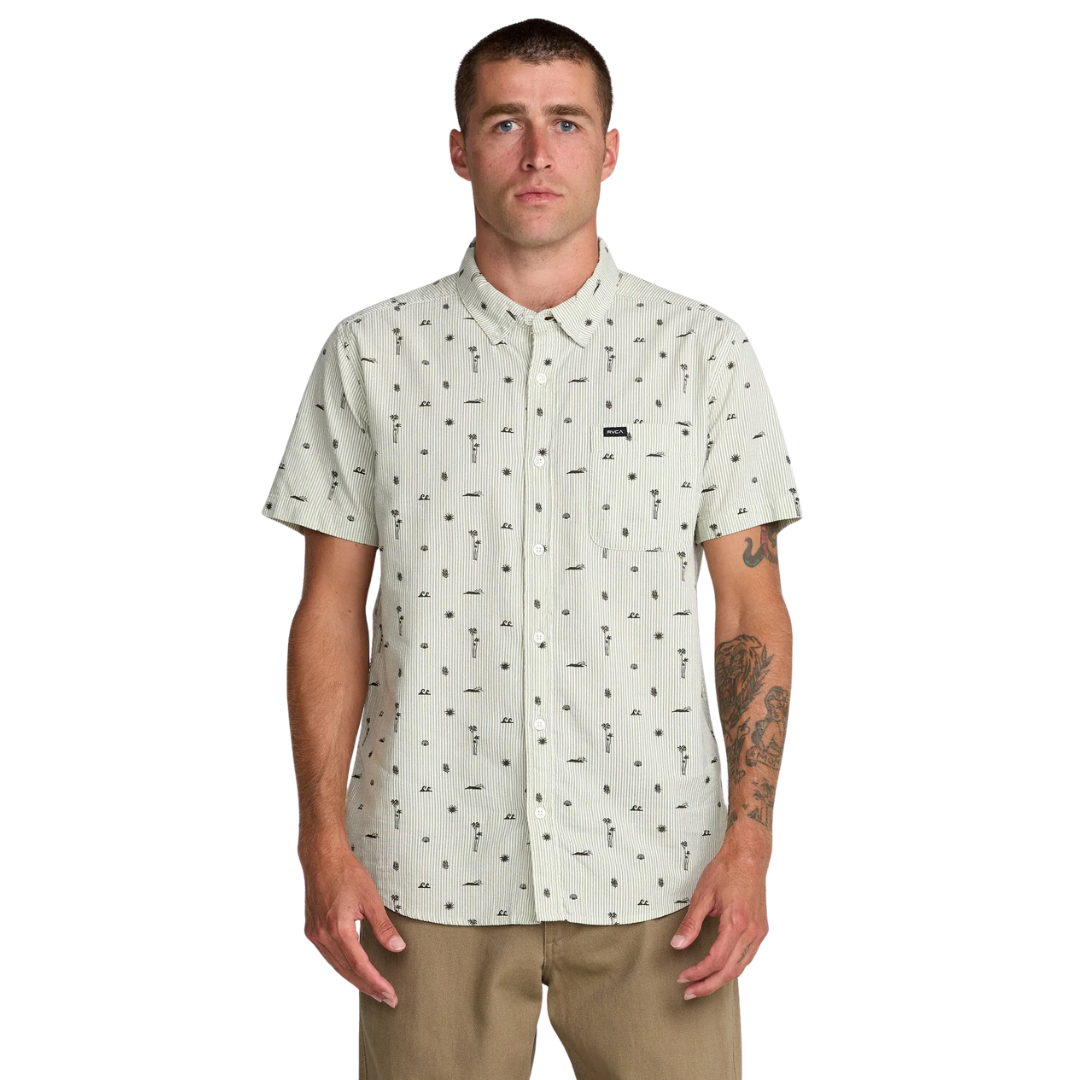 RVCA RVCA Men's That'll Do Seersucker Ranger Green M Mens Button Up Short Sleeve Shirts