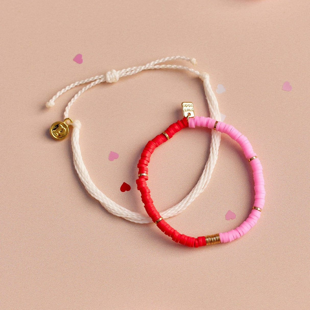 Pura Vida Pink and Red Vinyl Disc Bead Stretch Bracelet Set - detail view
