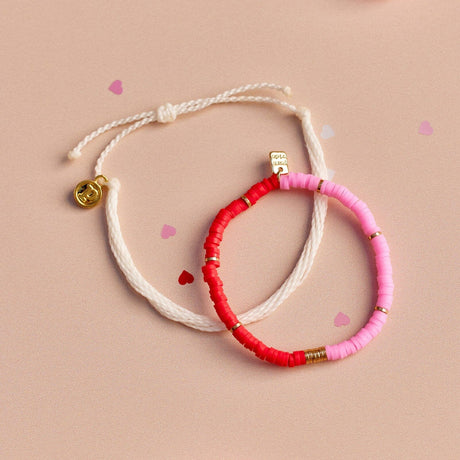 Pura Vida Pink and Red Vinyl Disc Bead Stretch Bracelet Set - detail view