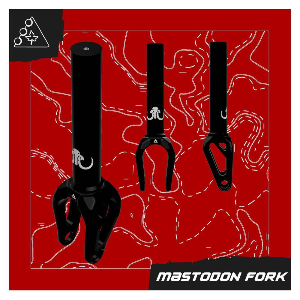 The Mastodon is Trynytys big boy fork. Made from the same solid 7075 Alu as our Trident Fork, the mastodon features a much more aggressive shape and thickness to endure ANY riding you want to throw at it. It fits 24mm and 30mm wide wheels on a 8mm axle as well as 30mm wide wheels on a 12mm axle. The mastodon is not to be messed with   Trynyty Mastadon Fork ad