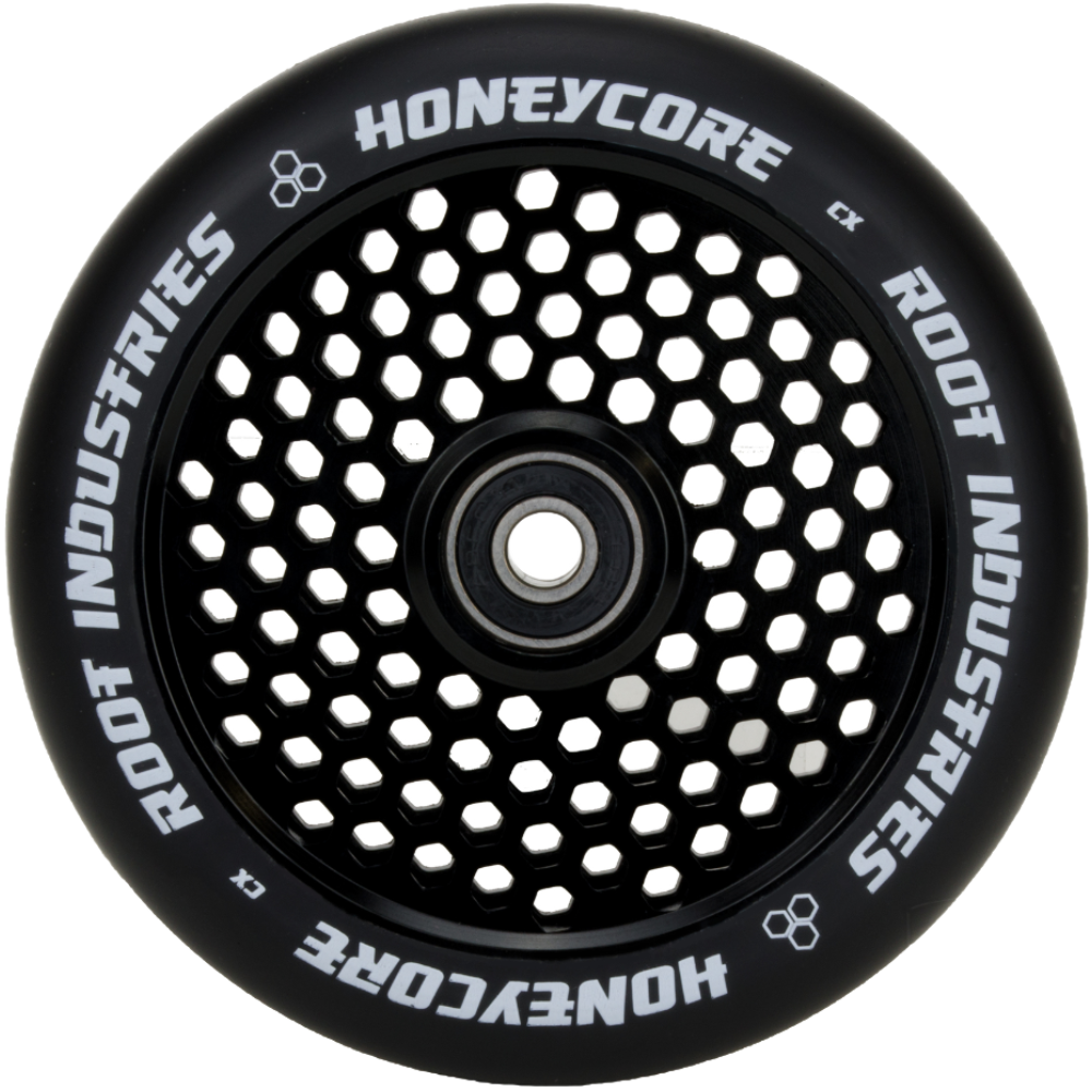 Root Industries - Honeycore Wheels 110mm Root Industries has managed to find a specific, calculated honeycomb cutout pattern that results in a great deal of weight saved, as well as an attractive appearance, and unmatched performance.  Once again, Root Industries has found innovation where others could not. Seemingly accomplishing the impossible, the Honeycore wheel has managed to take the throne as the world’s lightest scooter wheel.  diameter:110mm sku:9350759037866