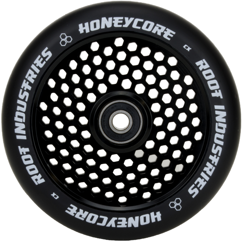 Root Industries - Honeycore Wheels 110mm Root Industries has managed to find a specific, calculated honeycomb cutout pattern that results in a great deal of weight saved, as well as an attractive appearance, and unmatched performance.  Once again, Root Industries has found innovation where others could not. Seemingly accomplishing the impossible, the Honeycore wheel has managed to take the throne as the world’s lightest scooter wheel.  diameter:110mm sku:9350759037866