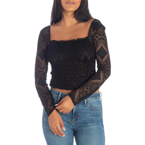 Guess Guess Smocked Decora Lace Top Jet Black S Womens Long Sleeve Shirts