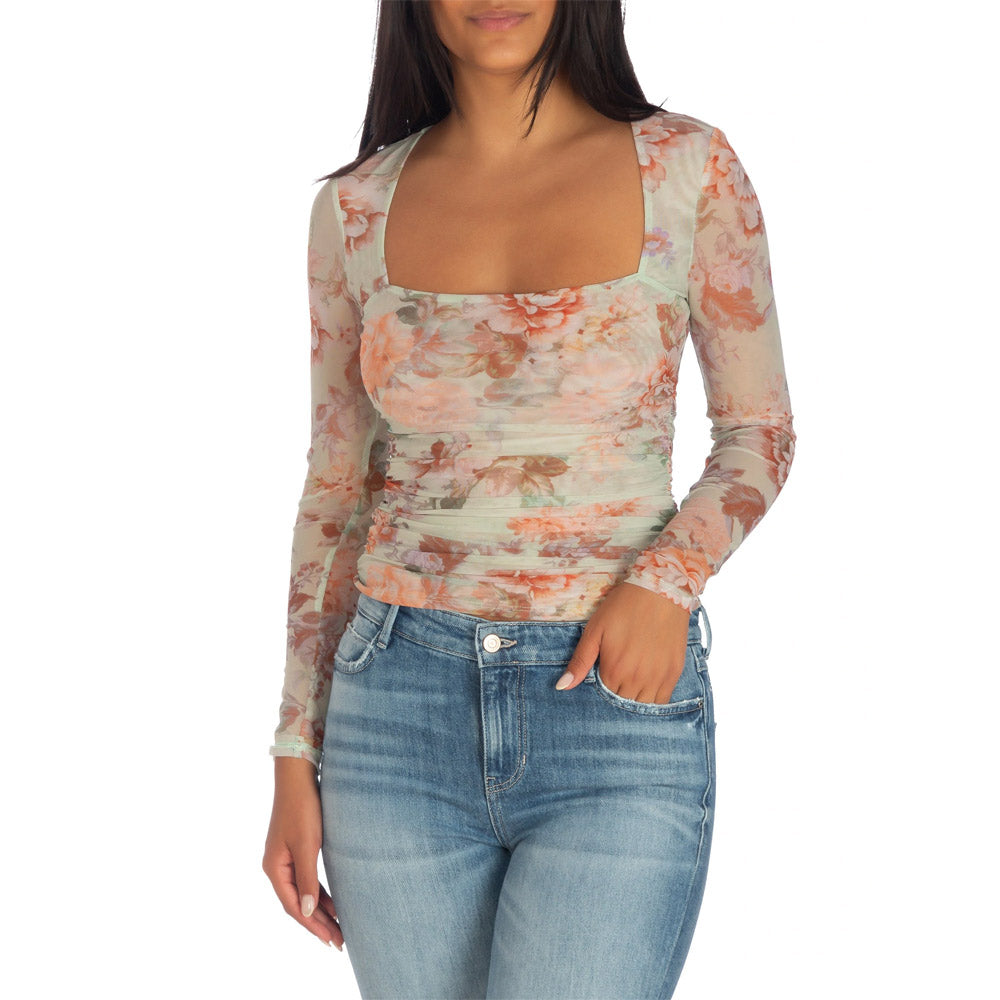 Guess Square Neck Marcie Mesh Top S Sunset Bloom Print