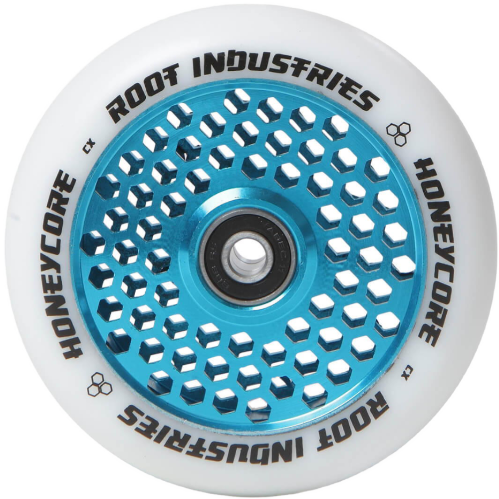 Root Industries - Honeycore Wheels 110mm Root Industries has managed to find a specific, calculated honeycomb cutout pattern that results in a great deal of weight saved, as well as an attractive appearance, and unmatched performance.  Once again, Root Industries has found innovation where others could not. Seemingly accomplishing the impossible, the Honeycore wheel has managed to take the throne as the world’s lightest scooter wheel.  diameter:110mm sku:	 	 9350759037972