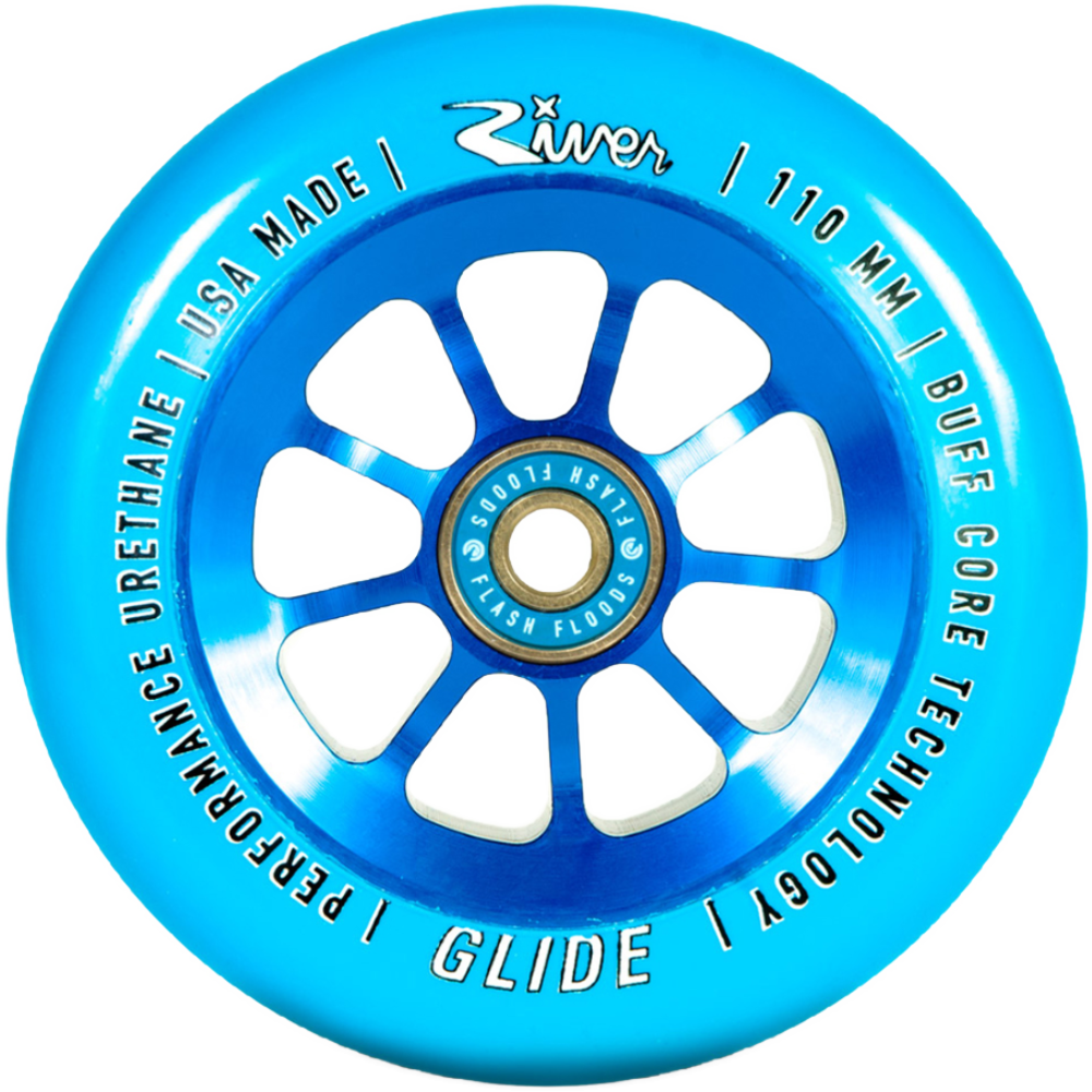 River Glides are smooth, fast and flowy. Hands down the smoothest wheel in the scooter industry and ideal for hitting the park. Featuring BUFF Core Technology to reduce dehubbing.  River Wheel Co - Glides 110mm Colour: Sapphire Picture Position: vertical RVWHGL10BL