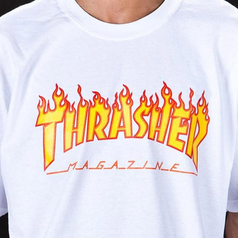 thrasher flame tee close-up view mens t-shirts short sleeve white
