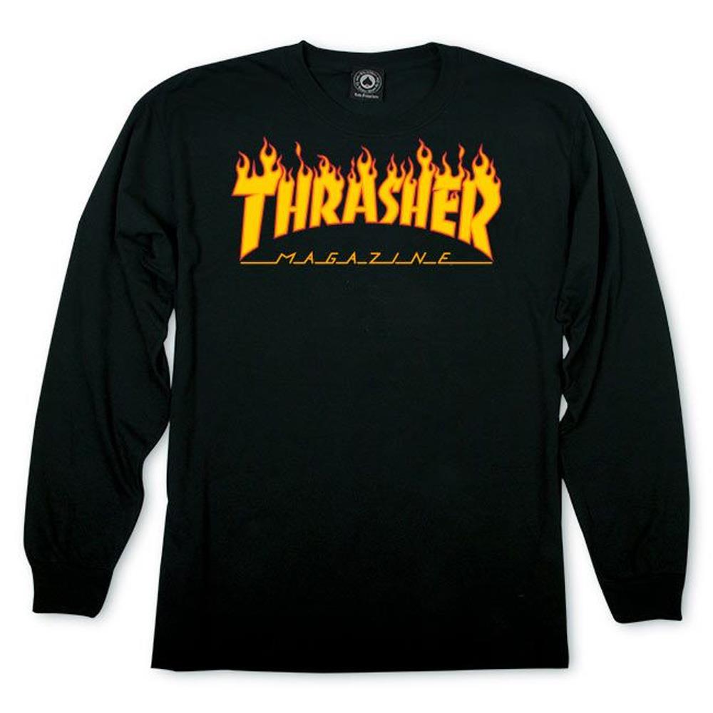 thrasher flame logo l/s front view mens t-shirts long sleeve black