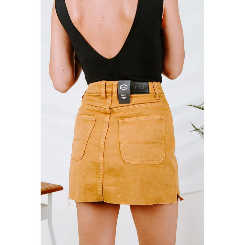 RVCA, Rowdy Mini Skirt, WK01VRRM-CSP, Cathay Spice, Yellow, Mustard, Womens Skirts, Back View, Fall 2019