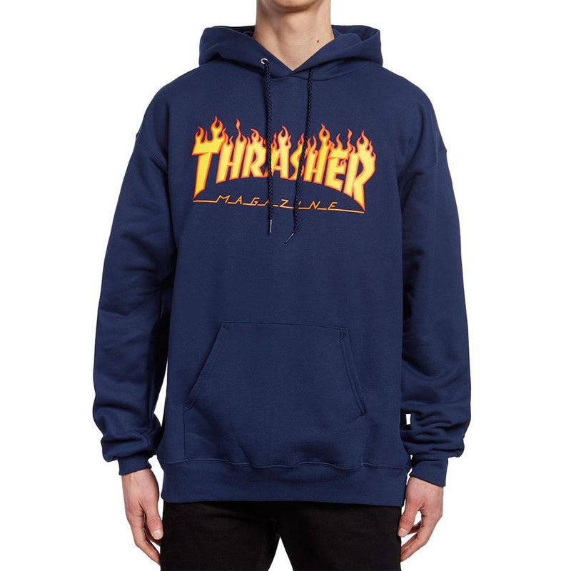 Thrasher, THR-311194, Navy, Flame Logo Hood, Mens Pullover Hoodies, Fall 2019