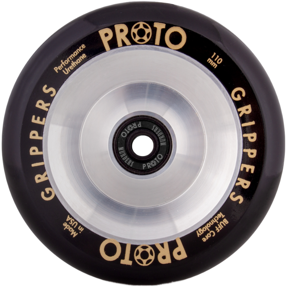 Softer, smoother and faster. Grippers™ are formulated with performance urethane for effortless high-speed cruising. Featuring BUFF Core Technology which helps absorb impact, reduce de-hubbing and create a smoother ride.  PROTO - Classic Full Core Grippers 110mm Colour: Black on Raw Picture Position: vertical PSWHGP10FS
