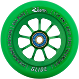 River Glides are smooth, fast and flowy. Hands down the smoothest wheel in the scooter industry and ideal for hitting the park. Featuring BUFF Core Technology to reduce dehubbing.  River Wheel Co - Glides 110mm Colour: Emerald Picture Position: vertical  RVWHGL10GR